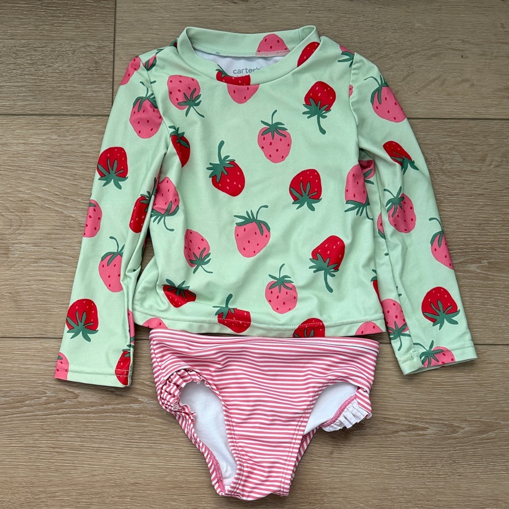 Toddler Girl Mint Green & Pink Strawberry Rashguard Swim Set